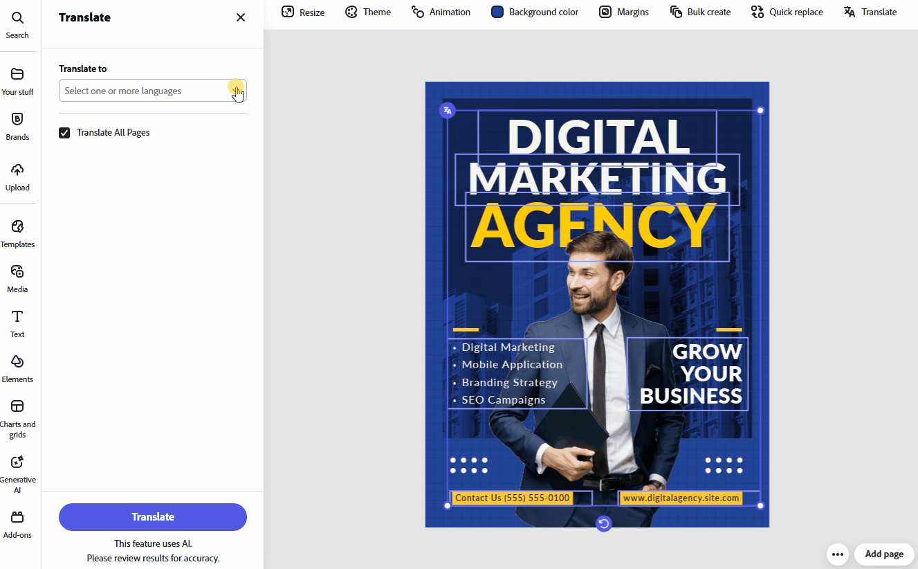 Adobe Express translates complete documents and keeps design intact.