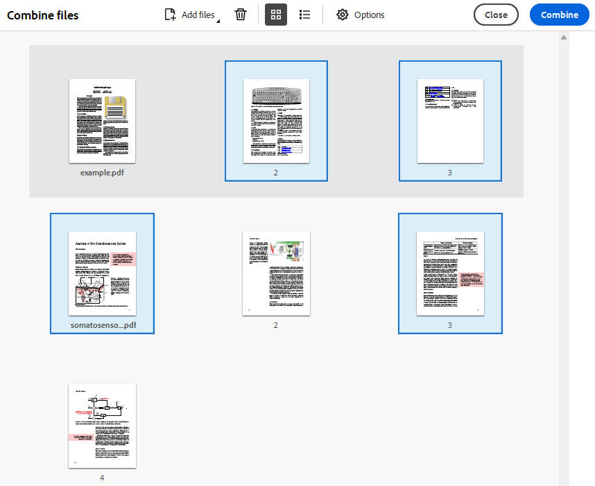 Adobe Acrobat’s Combine files feature allows you to select exact pages from the documents you want to combine. Adobe Acrobat’s Combine files feature allows you to select exact pages from the documents you want to combine.