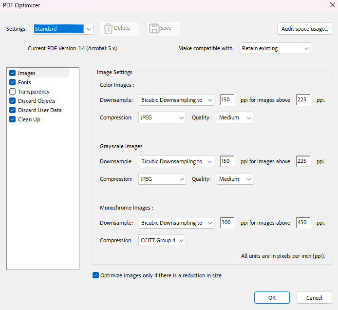 Adobe Acrobat offers extensive setting for compressing files. Adobe Acrobat offers extensive setting for compressing files.