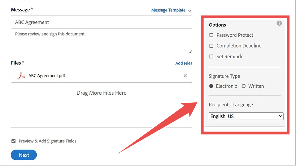 Adobe Acrobat's agreement interface offers message customization, file management, security options, signature preferences, and language settings for document signing workflows. Adobe Acrobat's agreement interface offers message customization, file management, security options, signature preferences, and language settings for document signing workflows.