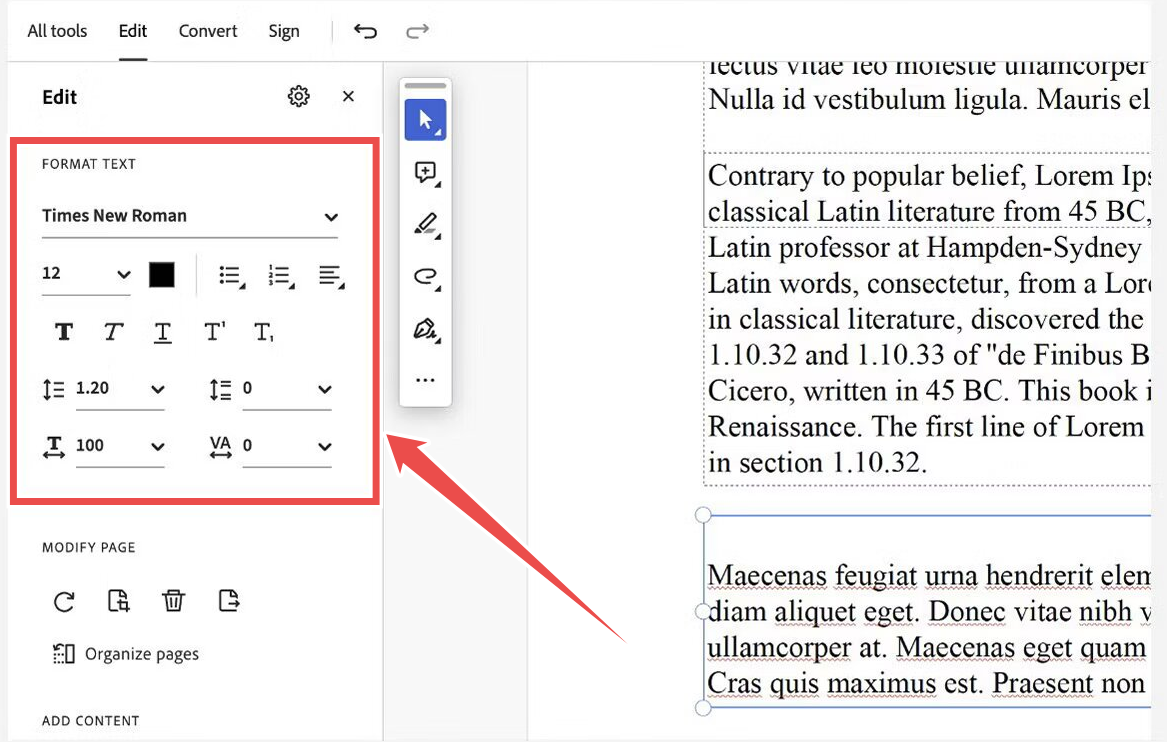 Text formatting panel displays font settings, alignment options, and numerical input fields, alongside a vertical toolbar and document content. Text formatting panel displays font settings, alignment options, and numerical input fields, alongside a vertical toolbar and document content.