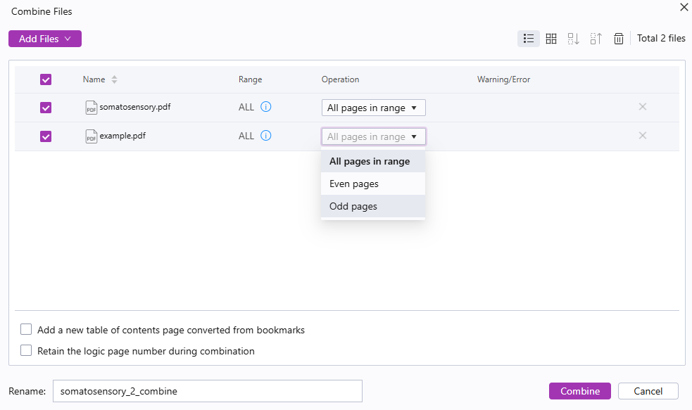 Foxit’s Combine Files feature offers granular settings. Foxit’s Combine Files feature offers granular settings.