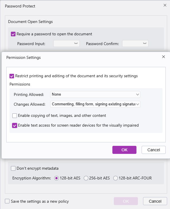 Foxit offers granular permission and restriction settings. Foxit offers granular permission and restriction settings.