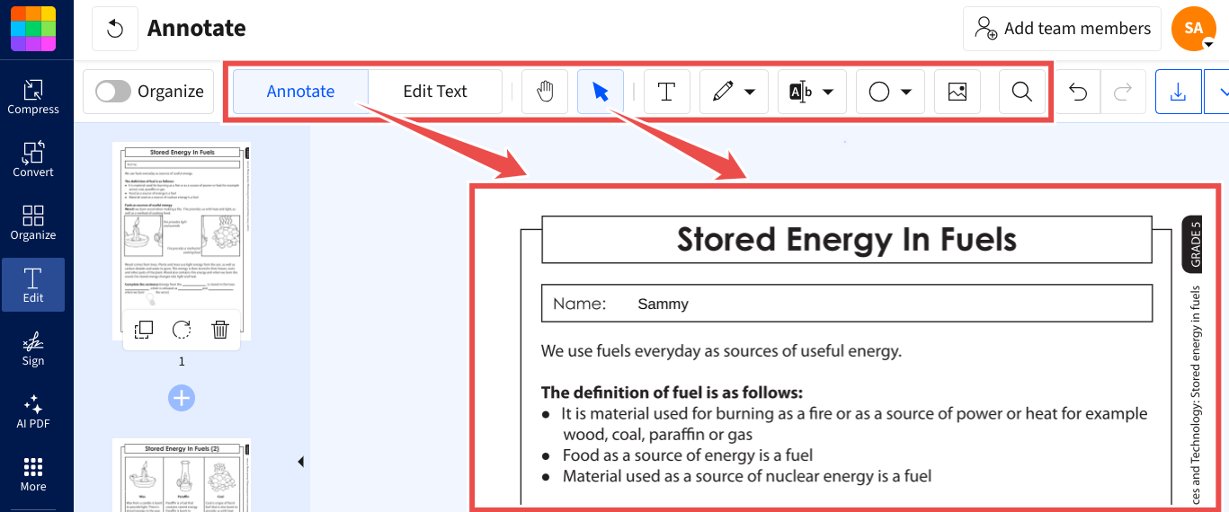 Annotate documents in Smallpdf with features for highlighting, drawing, adding text, and inserting shapes. Annotate documents in Smallpdf with features for highlighting, drawing, adding text, and inserting shapes.