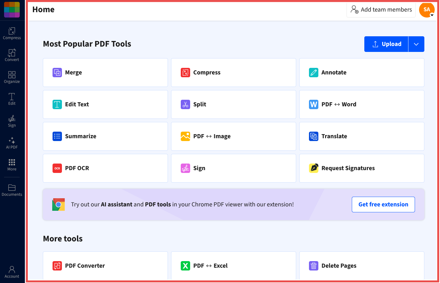 Smallpdf's main dashboard highlights popular PDF tools like compress, convert, and edit, along with a sidebar for navigation and a header for account management. Smallpdf's main dashboard highlights popular PDF tools like compress, convert, and edit, along with a sidebar for navigation and a header for account management.