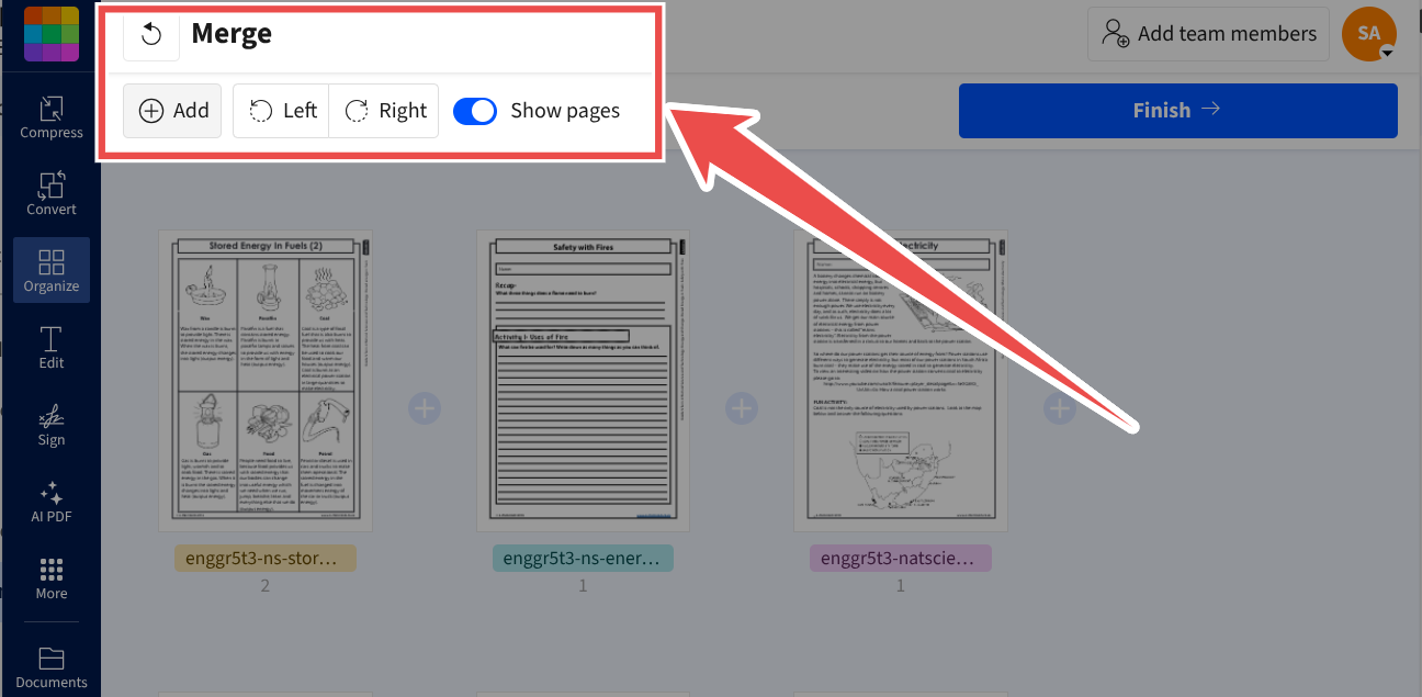 Smallpdf's Merge PDF tool features an intuitive navigation bar that guides users through the process of merging PDF files, organizing pages, and accessing additional functionalities. Smallpdf's Merge PDF tool features an intuitive navigation bar that guides users through the process of merging PDF files, organizing pages, and accessing additional functionalities.
