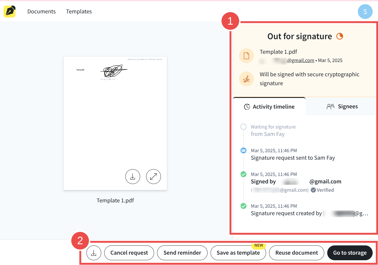 Sign.com's document status page allows users to monitor signature progress, view activity, track signees, and take action on documents. Sign.com's document status page allows users to monitor signature progress, view activity, track signees, and take action on documents.